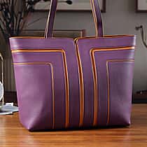 Genuine Leather Tote Bag with Handle Drop - Dark Purple & Brown