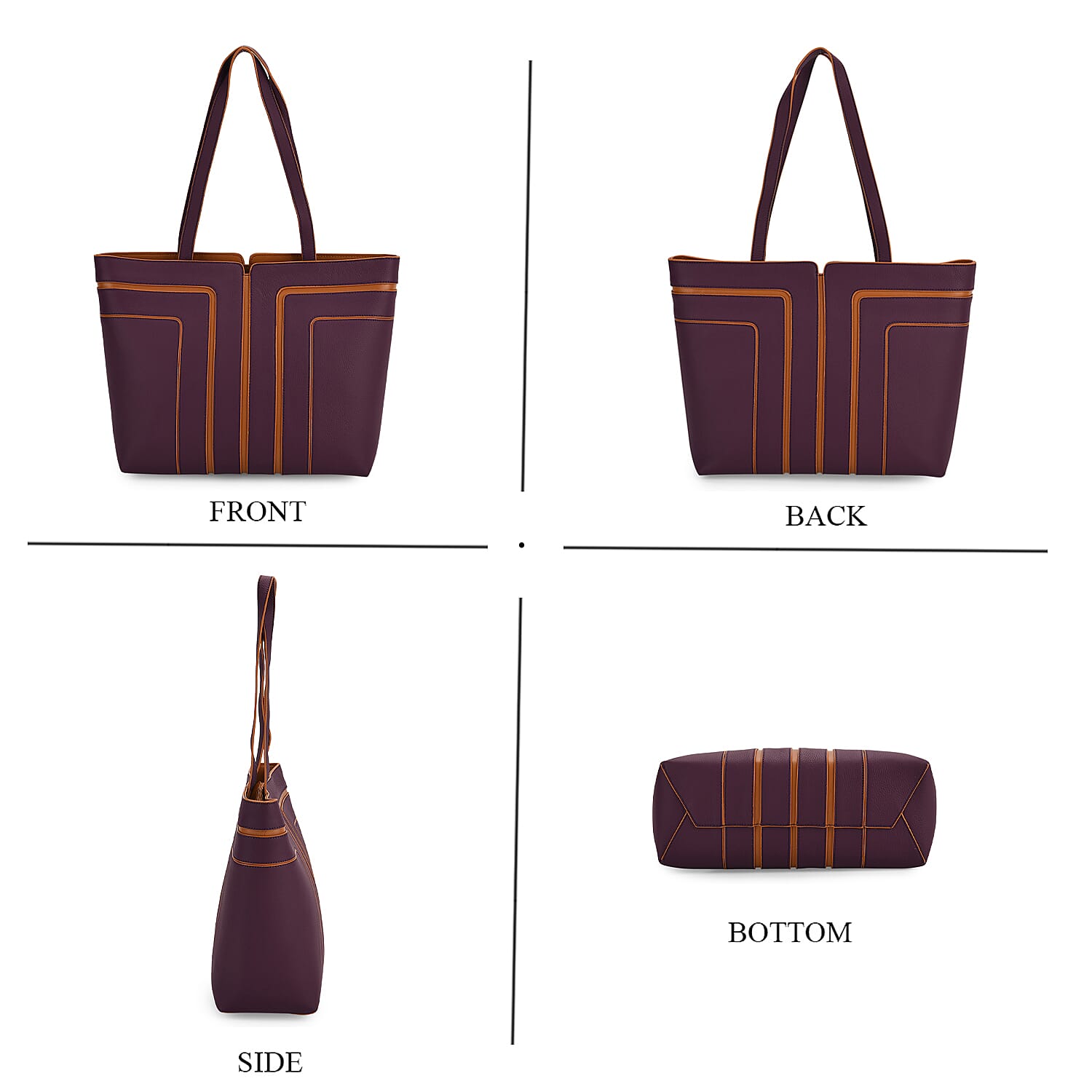 Genuine Leather Tote Bag with Handle Drop - Dark Purple & Brown