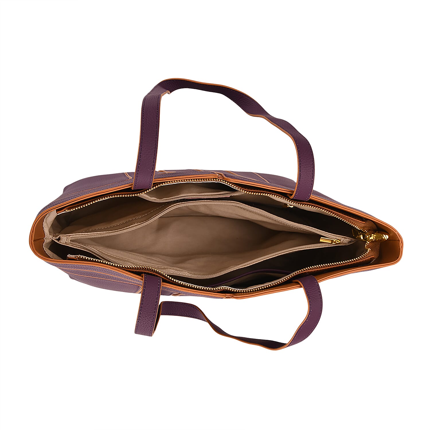 Genuine Leather Tote Bag with Handle Drop - Dark Purple & Brown