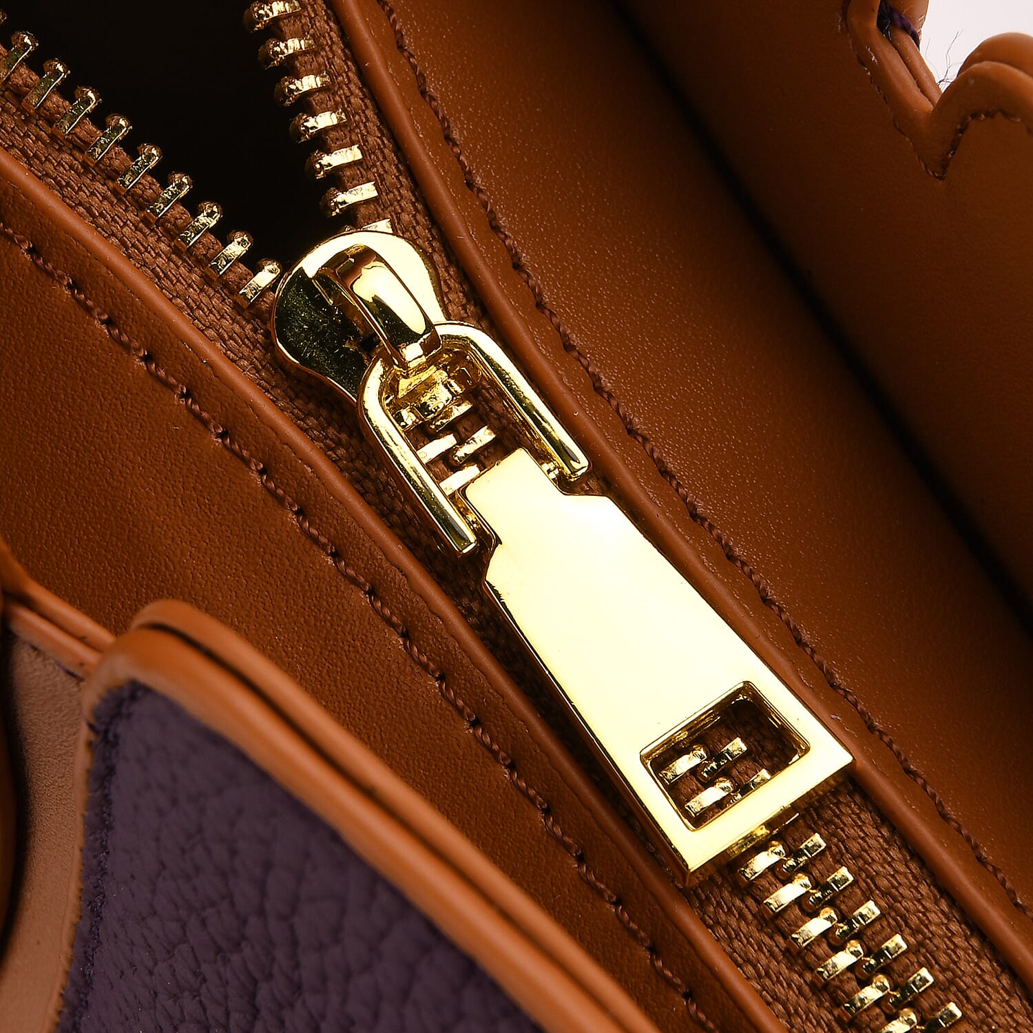 Genuine Leather Tote Bag with Handle Drop - Dark Purple & Brown