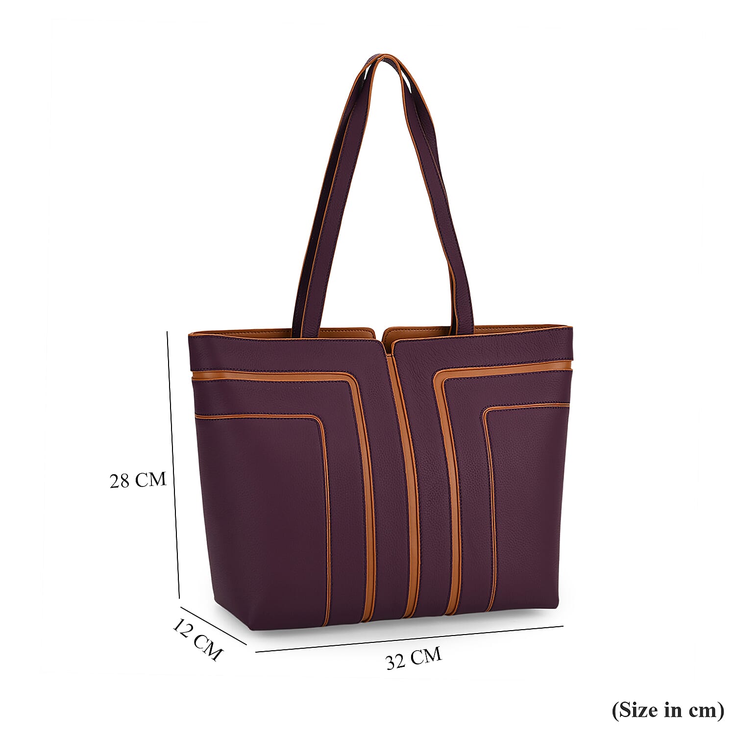 Genuine Leather Tote Bag with Handle Drop - Dark Purple & Brown