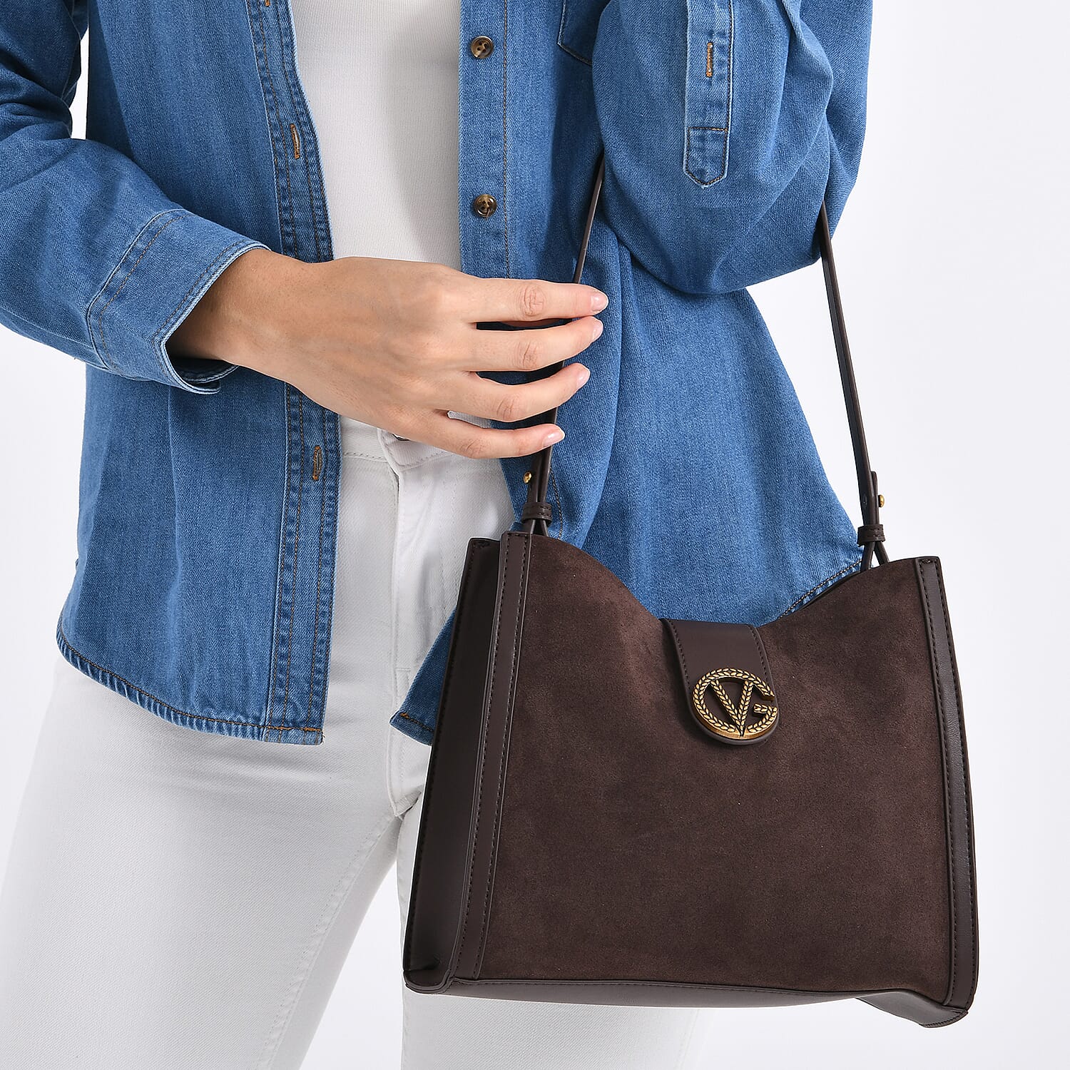 Genuine Leather Shoulder Bag with Interchangeable Dual Straps - Coffee