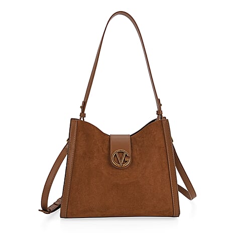 Genuine Leather Shoulder Bag with Interchangeable Dual Straps - Brown