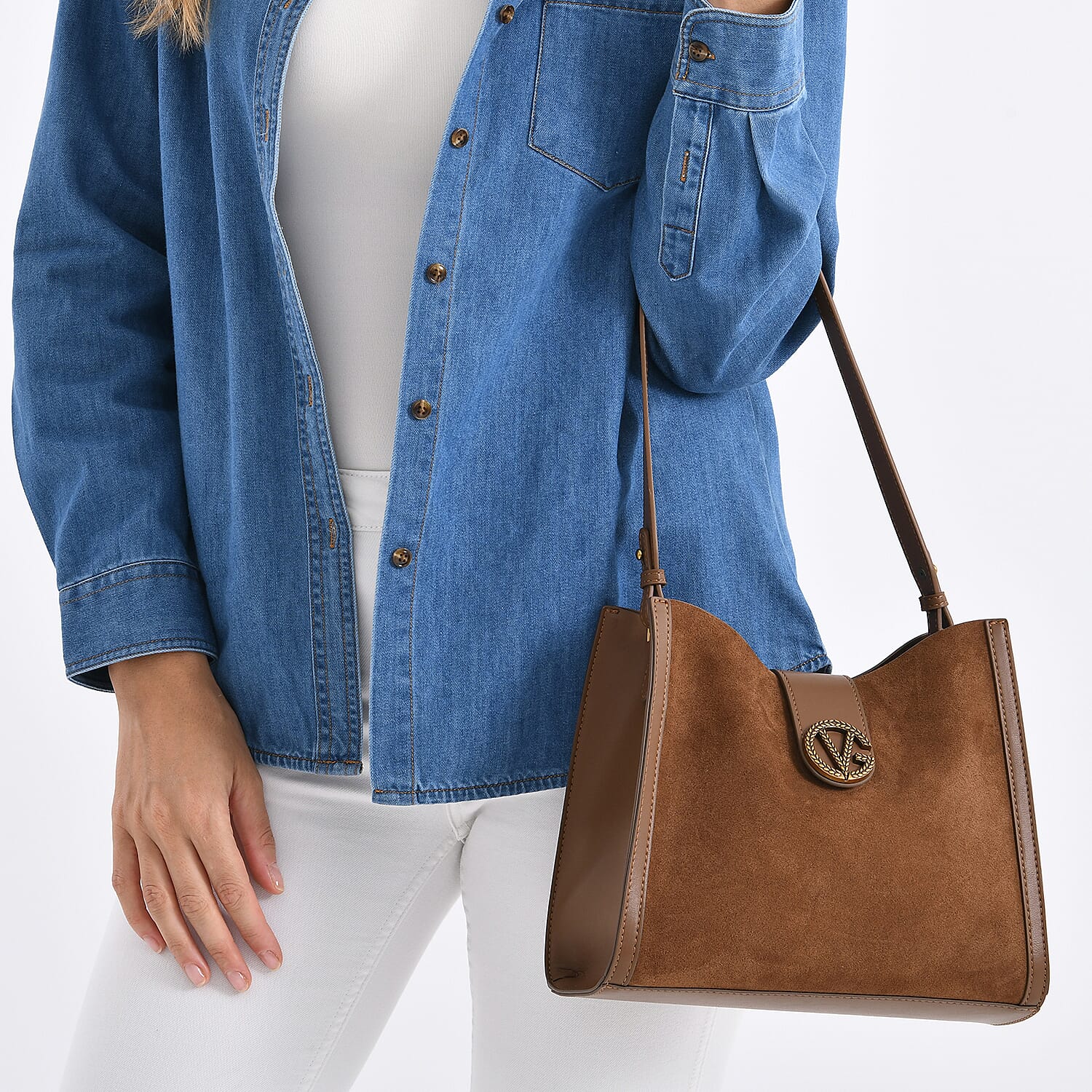 Genuine Leather Shoulder Bag with Interchangeable Dual Straps - Brown