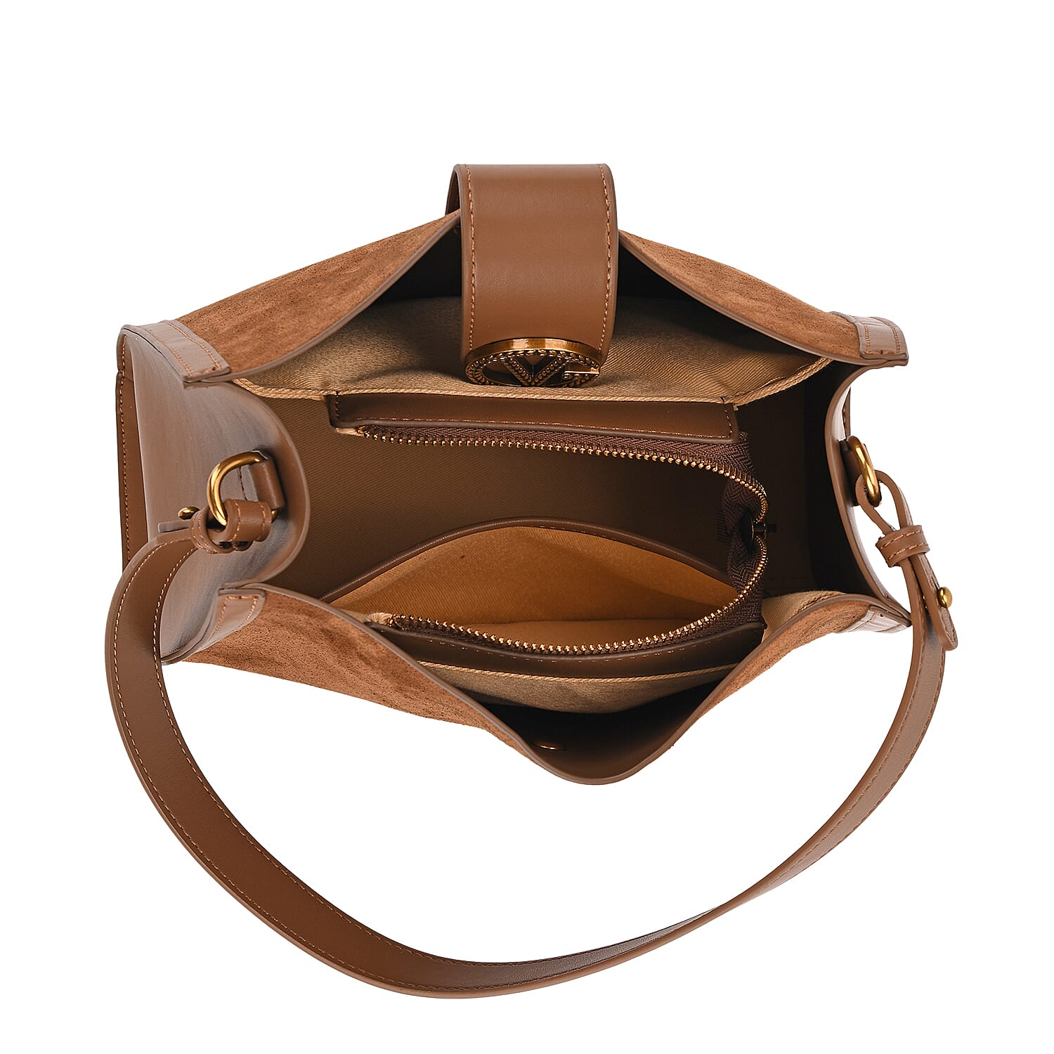 Genuine Leather Shoulder Bag with Interchangeable Dual Straps - Brown