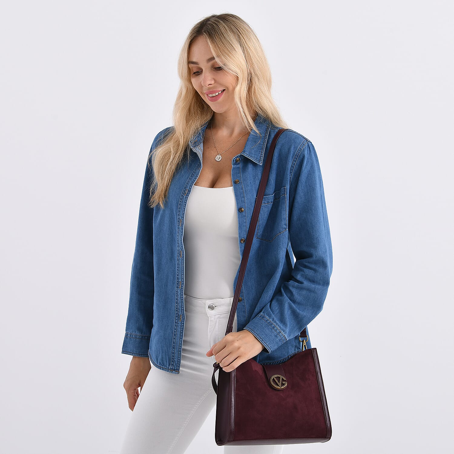 Genuine Leather Shoulder Bag with Interchangeable Dual Straps - Dark Wine