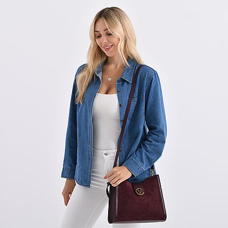 Genuine Leather Shoulder Bag with Interchangeable Dual Straps - Dark Wine