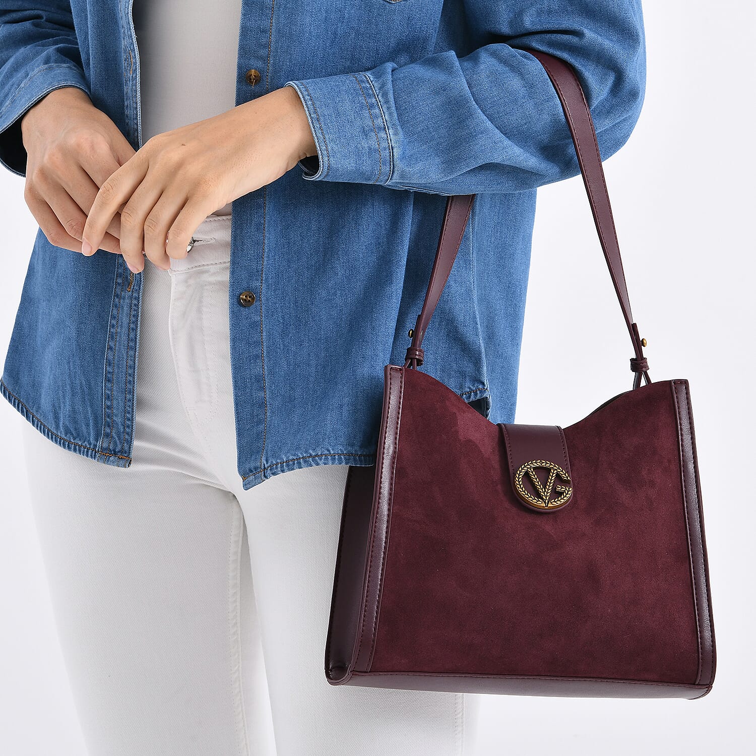 Genuine Leather Shoulder Bag with Interchangeable Dual Straps - Dark Wine