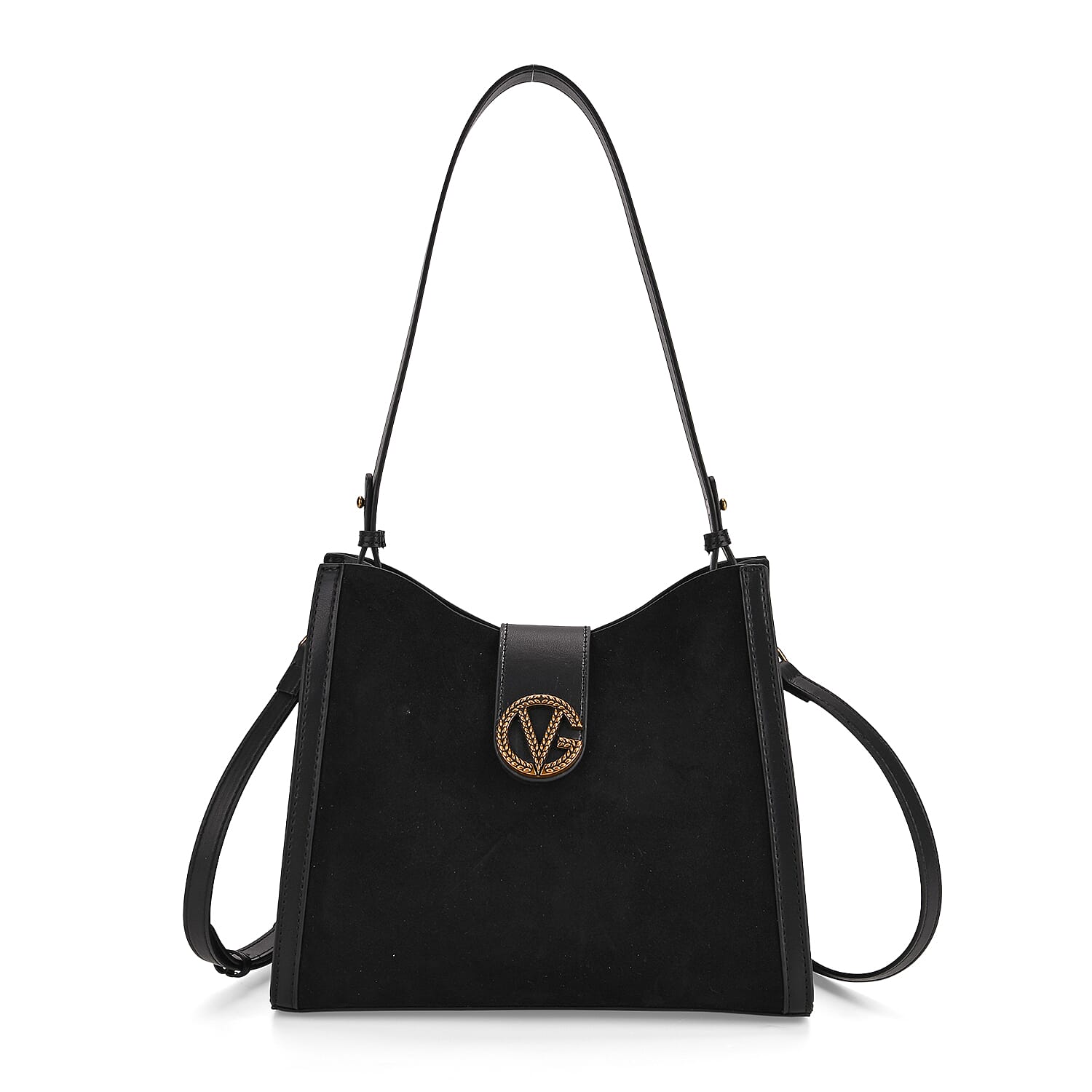 Genuine Leather Shoulder Bag with Interchangeable Dual Straps - Black