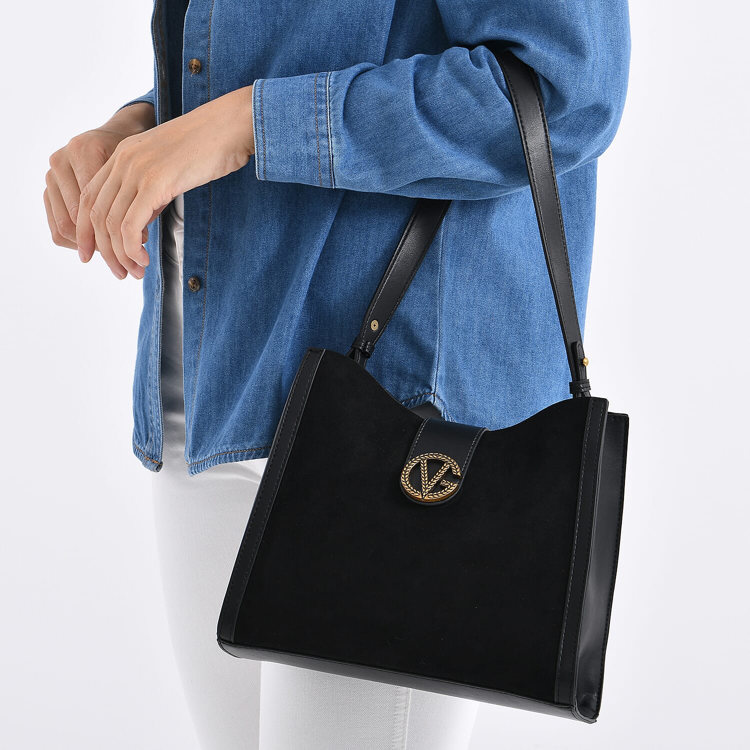 Genuine Leather Shoulder Bag with Interchangeable Dual Straps - Black