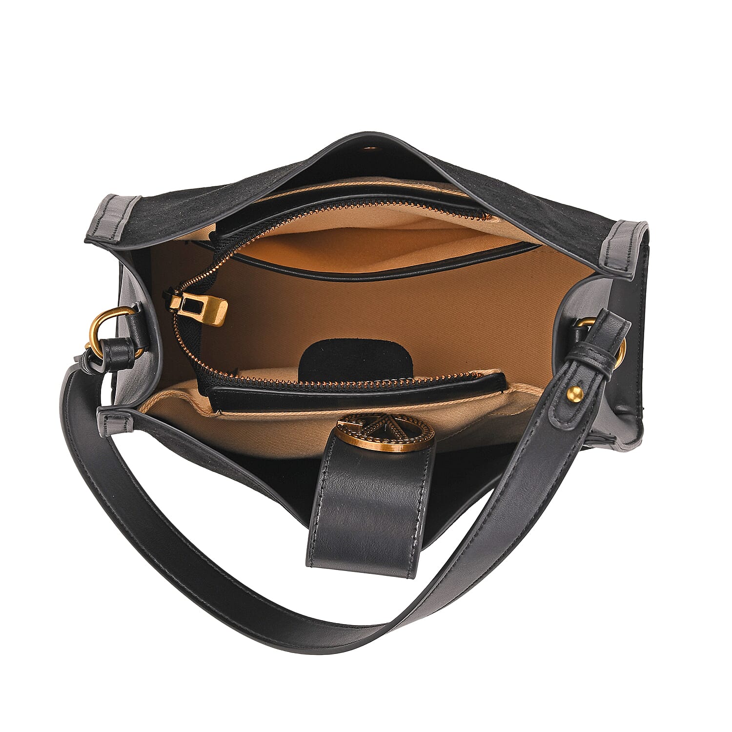 Genuine Leather Shoulder Bag with Interchangeable Dual Straps - Black