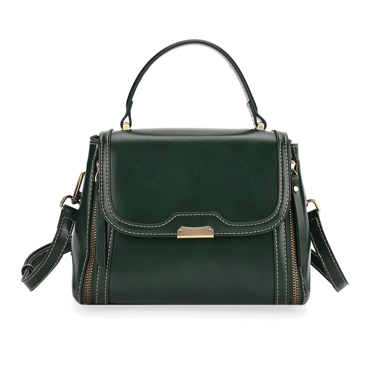Genuine Leather Top Handle Satchel Bag with Adjustable Long Shoulder Straps - Dark Green Genuine Leather Top Handle Satchel Bag with Adjustable Long Shoulder Straps - Dark Green
