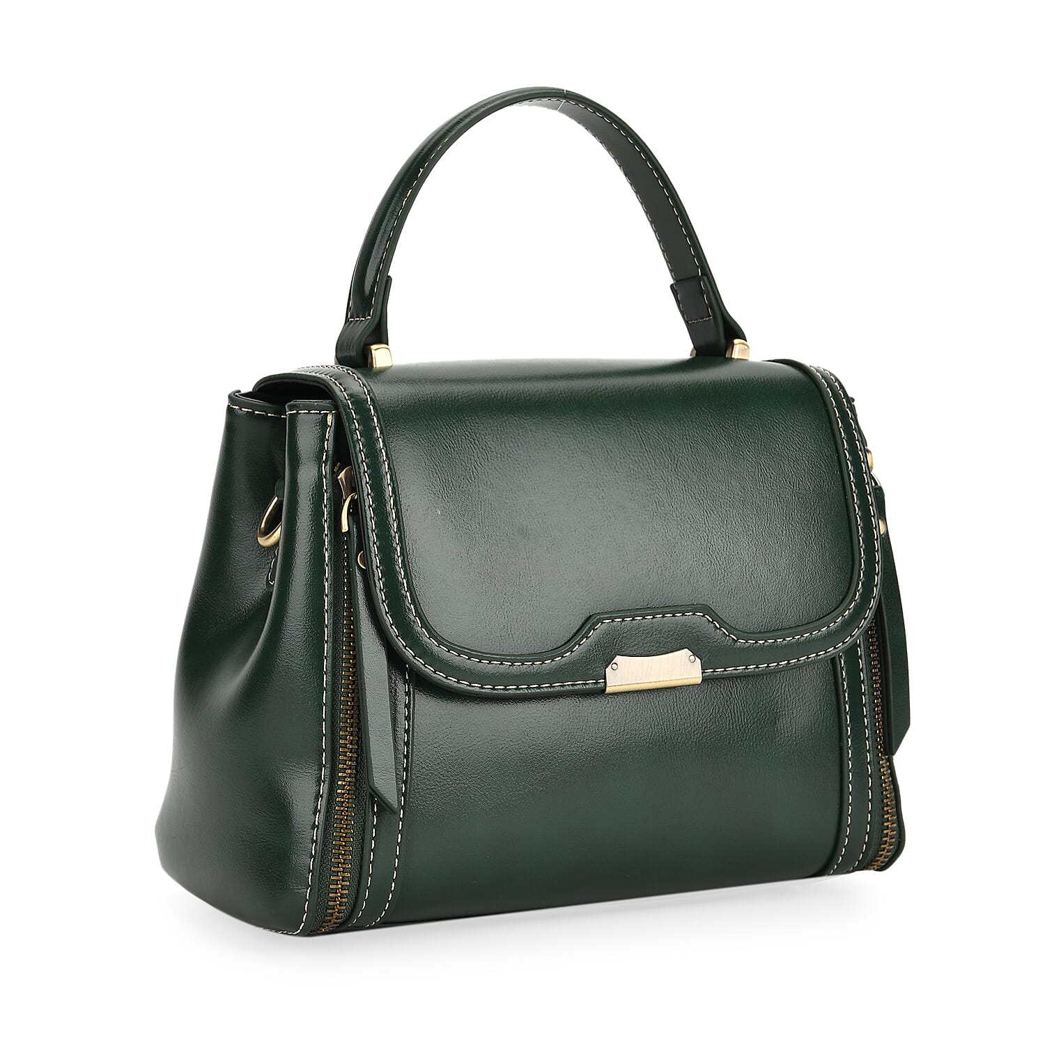 Genuine Leather Top Handle Satchel Bag with Adjustable Long Shoulder Straps - Dark Green Genuine Leather Top Handle Satchel Bag with Adjustable Long Shoulder Straps - Dark Green