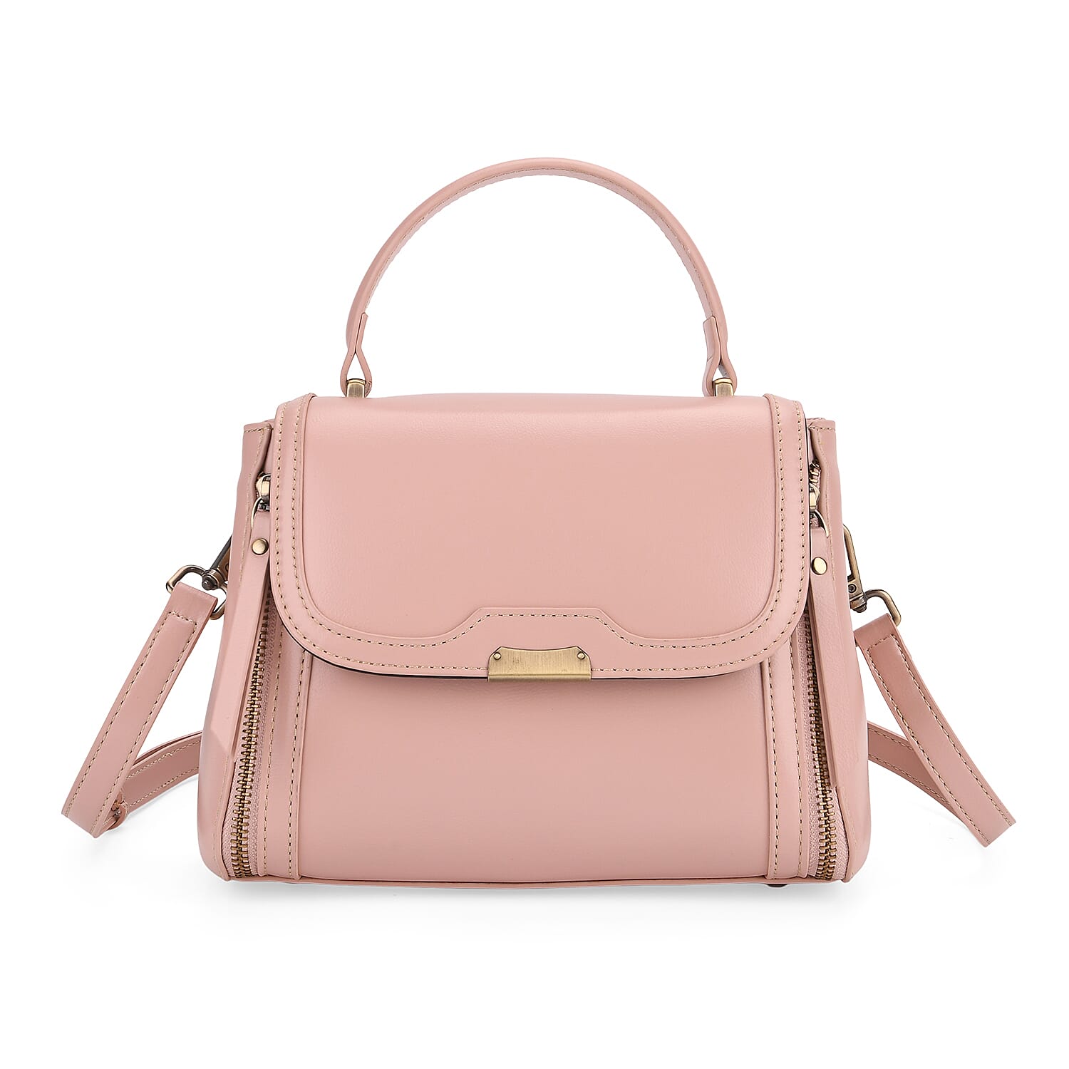 Genuine Leather Top Handle Satchel Bag with Adjustable Long Shoulder Straps - Pink