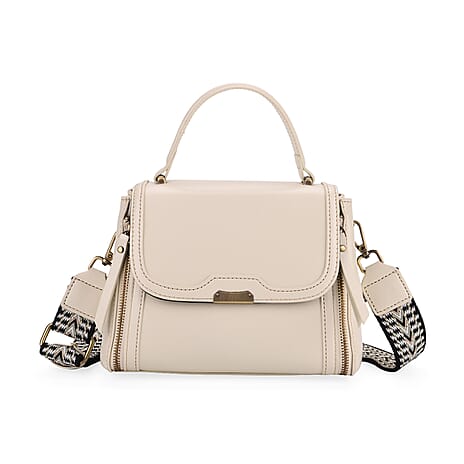 Genuine Leather Top Handle Satchel Bag with Adjustable Long Shoulder Straps - White