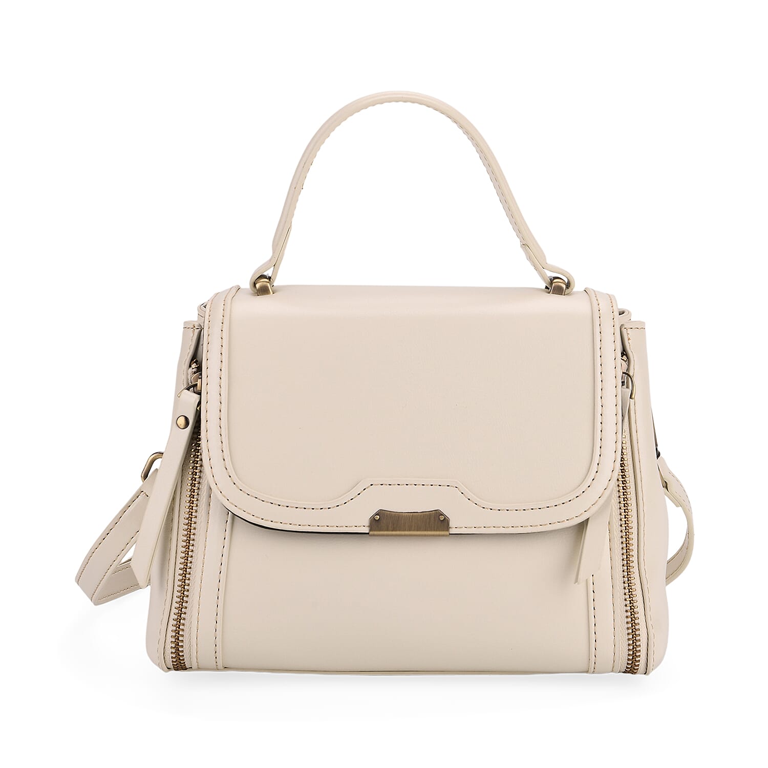 Genuine Leather Top Handle Satchel Bag with Adjustable Long Shoulder Straps - White