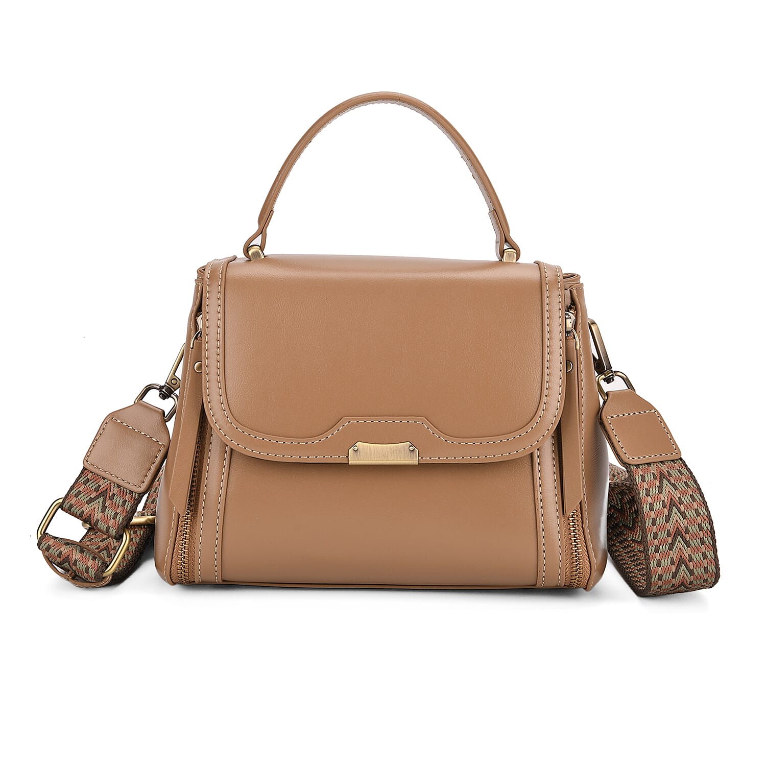 Genuine Leather Top Handle Satchel Bag with Adjustable Long Shoulder Straps - Khaki