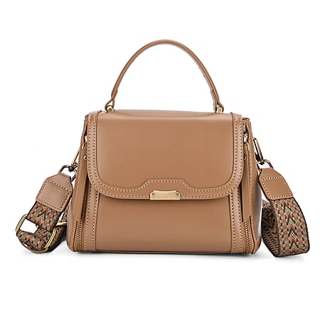 Genuine Leather Top Handle Satchel Bag with Adjustable Long Shoulder Straps - Khaki