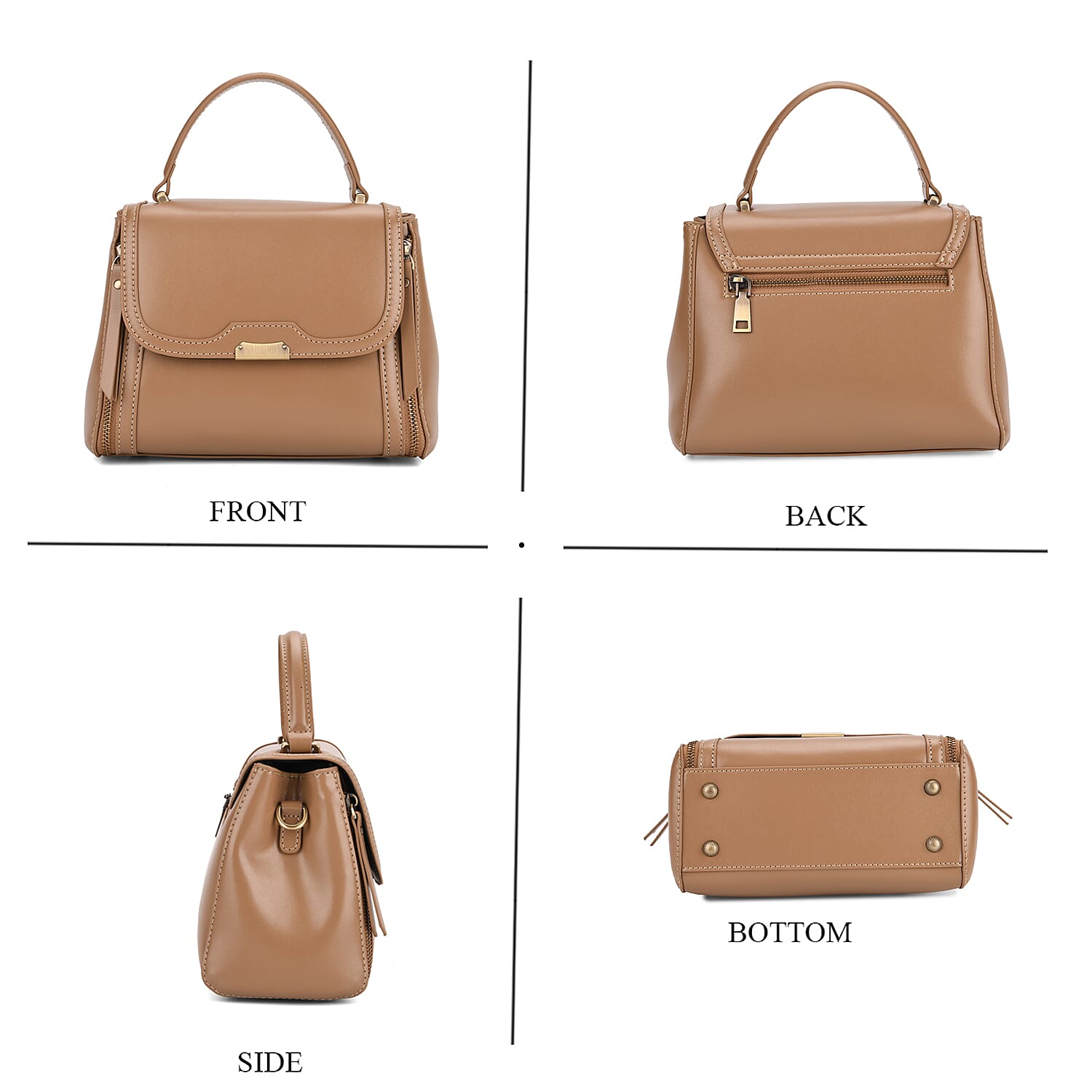 Genuine Leather Top Handle Satchel Bag with Adjustable Long Shoulder Straps - Khaki