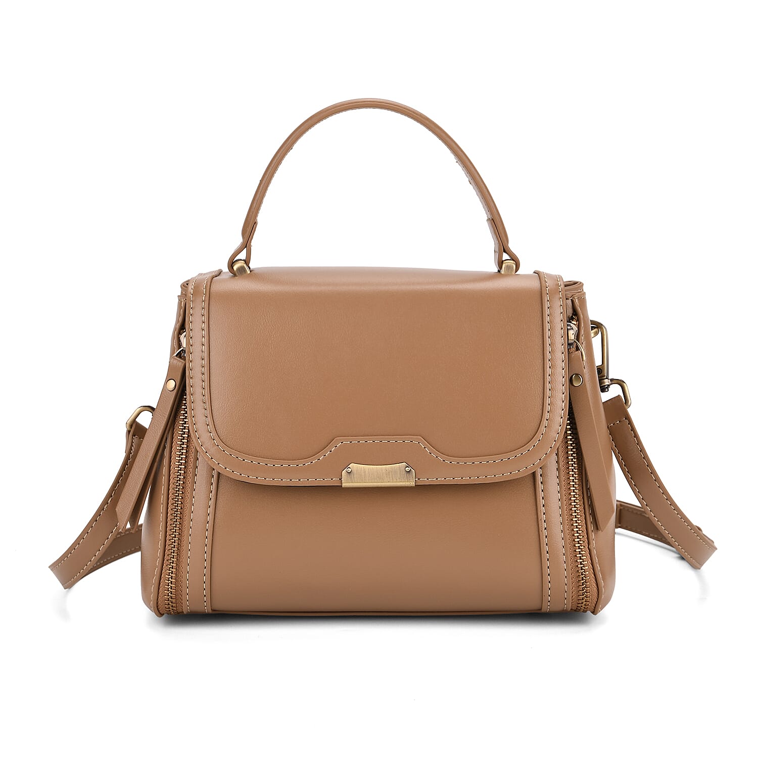 Genuine Leather Top Handle Satchel Bag with Adjustable Long Shoulder Straps - Khaki