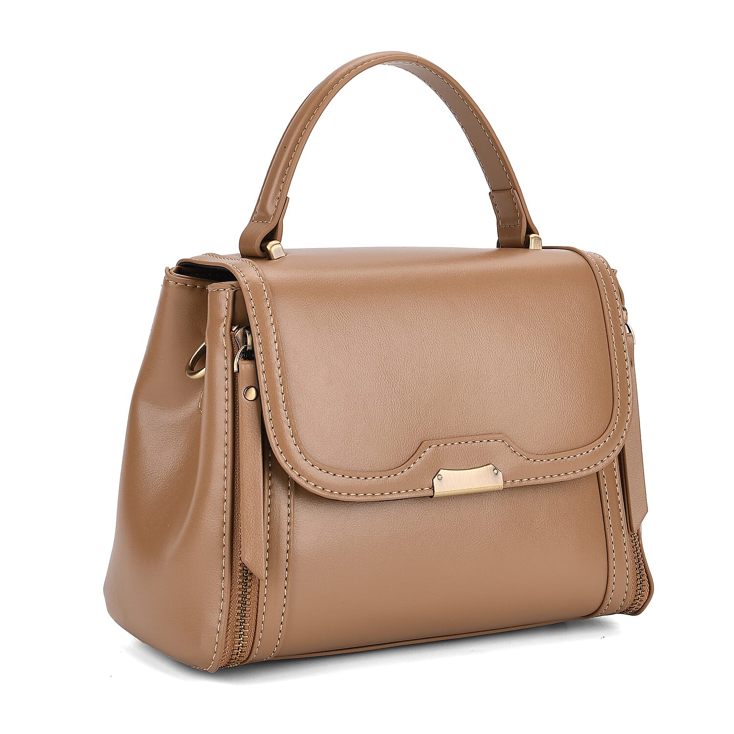 Genuine Leather Top Handle Satchel Bag with Adjustable Long Shoulder Straps - Khaki