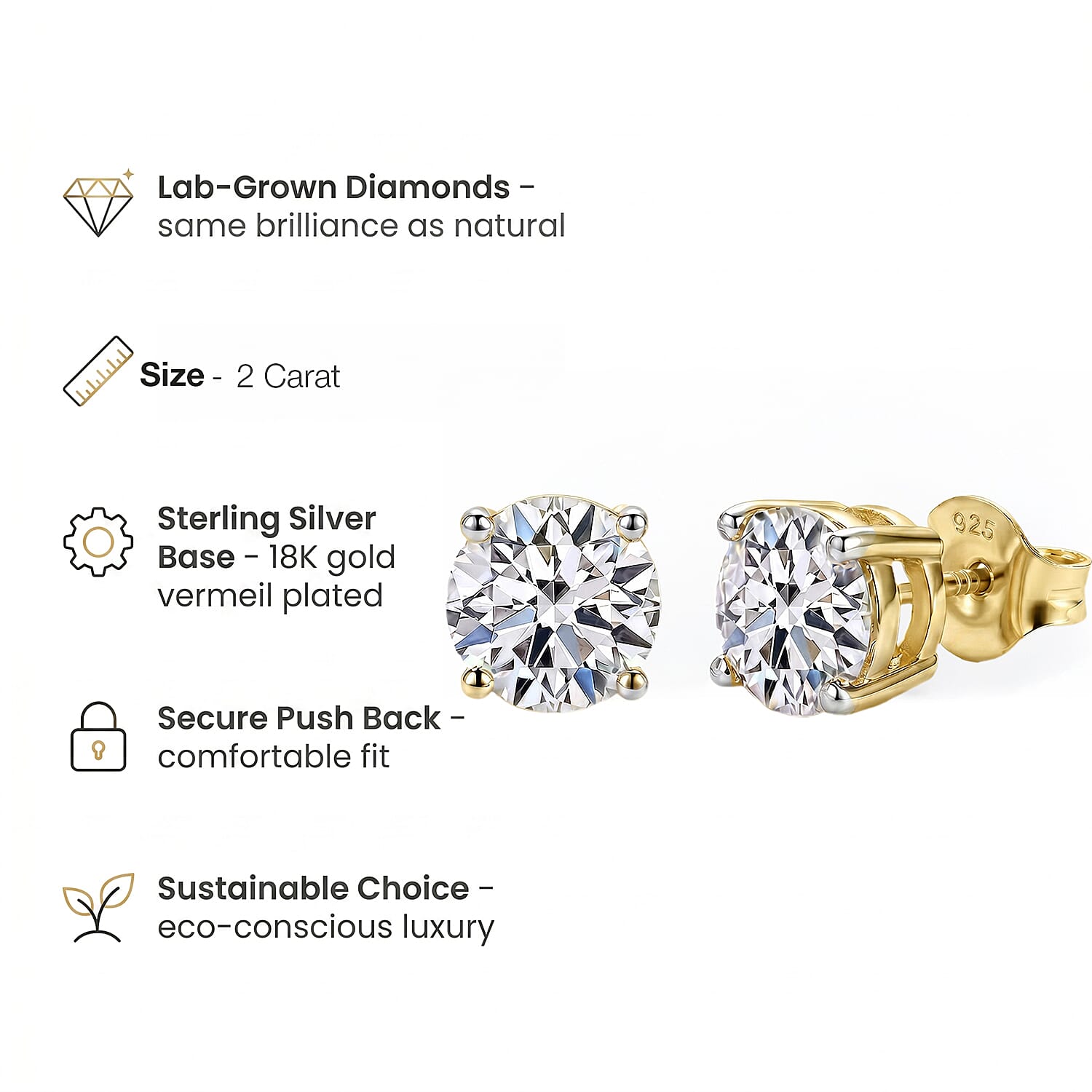 Luxuriant Diamond 2 Ct. Lab Grown Diamond Solitaire Stud Earrings in Vermeil Yellow Gold Overlay Sterling Silver