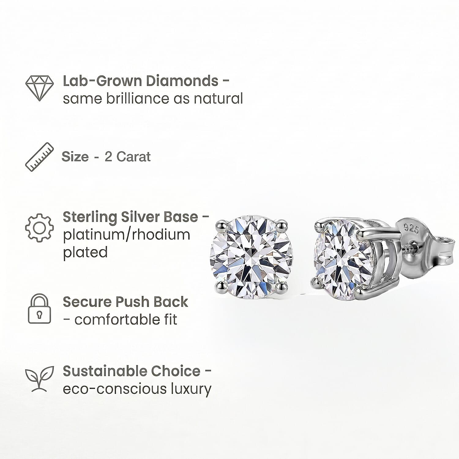 Luxuriant Diamond 2 Ct. Lab Grown Diamond Solitaire Stud Earrings in Platinum Overlay Sterling Silver
