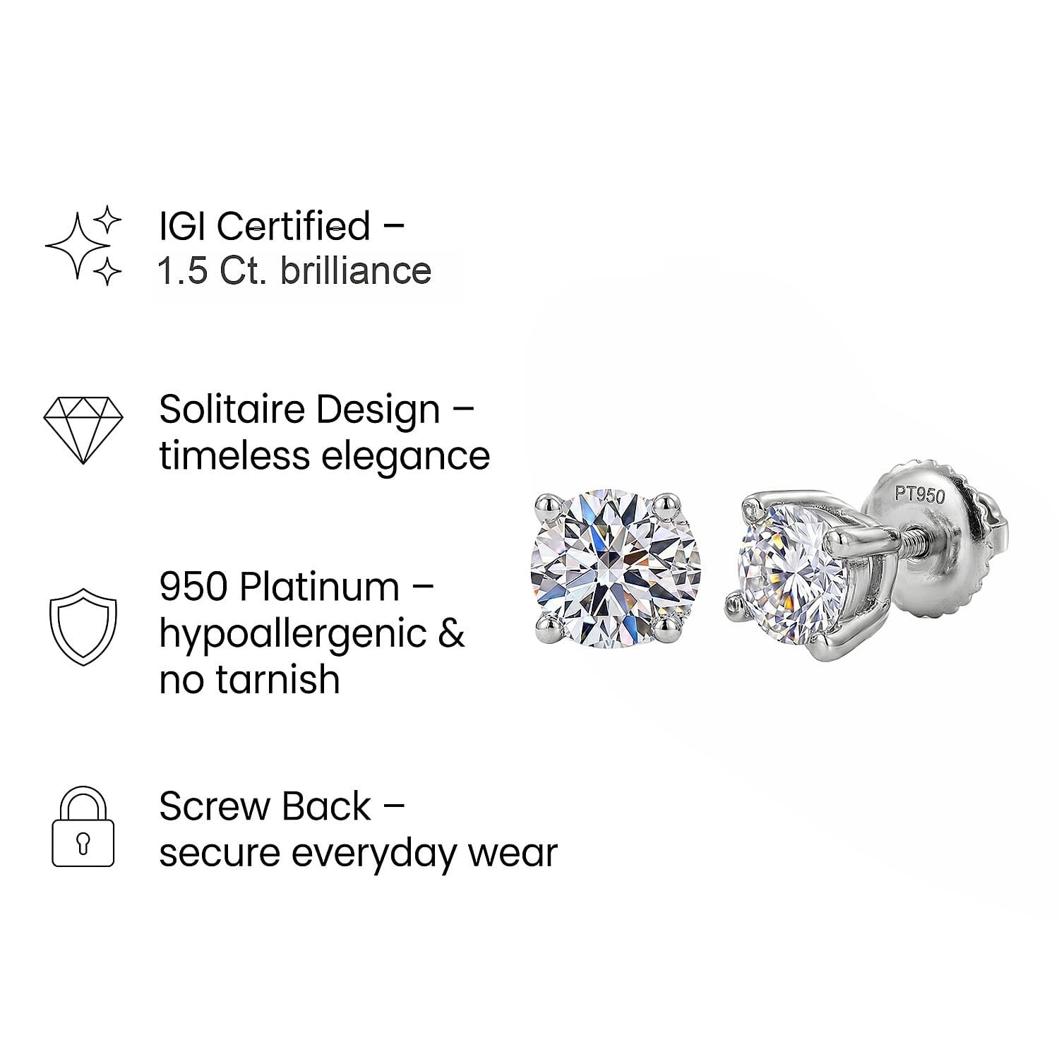Luxuriant Diamond 1.5 Ct. Lab Grown Diamond Solitaire Stud Earrings in 950 Platinum, SGL Certified
