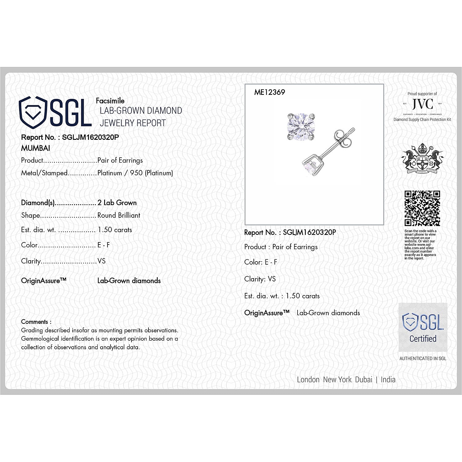 Luxuriant Diamond 1.5 Ct. Lab Grown Diamond Solitaire Stud Earrings in 950 Platinum, SGL Certified