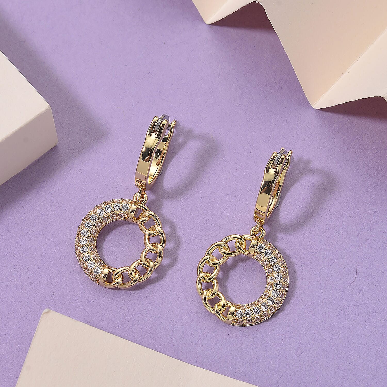 Cloeout Deal - White Cubic Zirconia Curb Earrings With Hoop Clasp