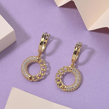 Cloeout Deal - White Cubic Zirconia Curb Earrings With Hoop Clasp