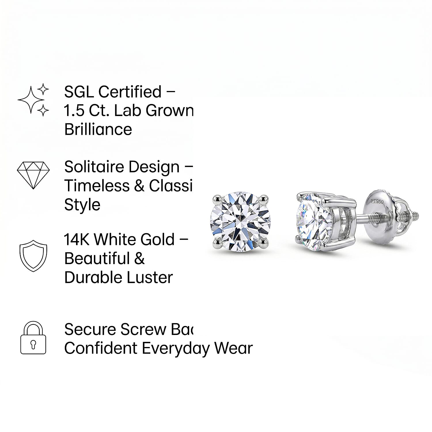 Luxuriant Diamond 1.5 Ct. Lab Grown Diamond Solitaire Stud Earrings in 14K White Gold, SGL Certified