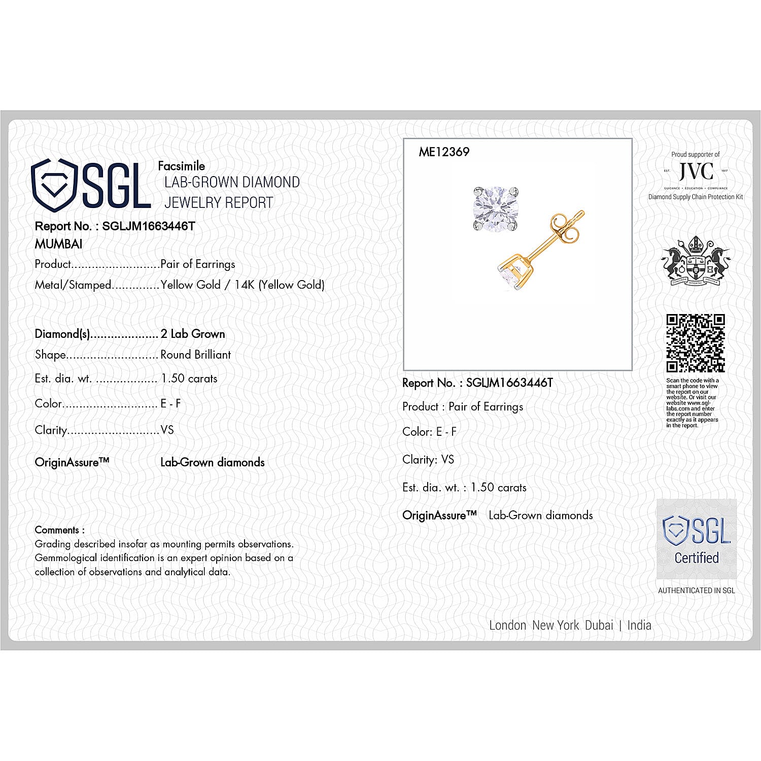 Luxuriant Diamond 1.5 Ct. Lab Grown Diamond Solitaire Earrings in 14K Gold, SGL Certified