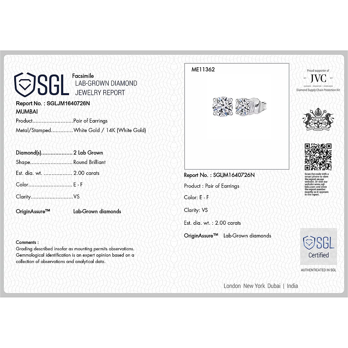 Luxuriant Diamond 2 Ct. Lab Grown Diamond Solitaire Stud Earrings in 14K White Gold, SGL Certified