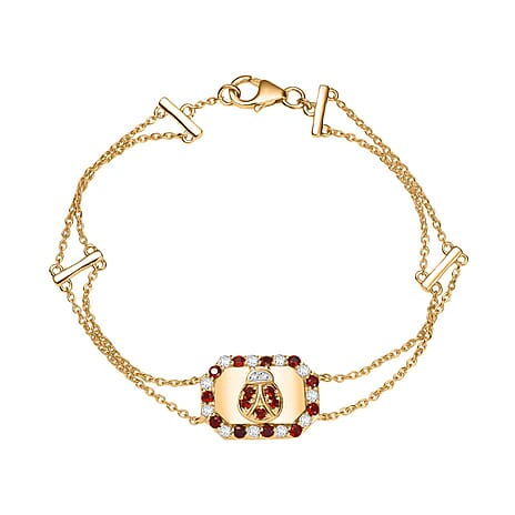 GP Italian Garden Collection - White Zircon, Blue Sapphire Adjustable Chain Ladybug Motif Bracelet (Size - 8) with Lobster Clasp in 18K Vermeil Yellow Gold Plated Sterling Silver 1.22 Ct.