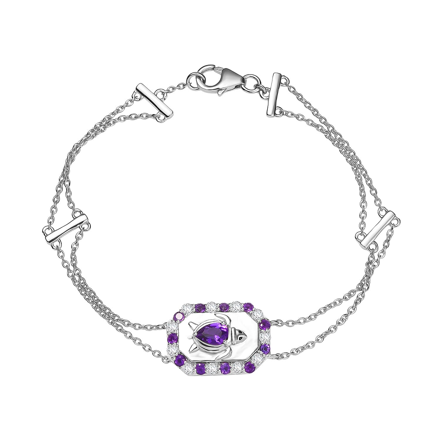 GP Italian Garden Collection - African Amethyst, Blue Sapphire &  White Zircon Adjustable Chain Turtle Motif Bracelet (Size 8) with Lobster Clasp in Rhodium Overlay Sterling Silver 1.23 Ct.