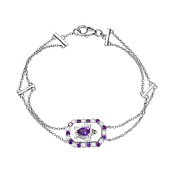 GP Italian Garden Collection - African Amethyst, White Zircon Adjustable Chain Turtle Motif Bracelet (Size 8) with Lobster Clasp in Rhodium Overlay Sterling Silver 1.23 Ct.