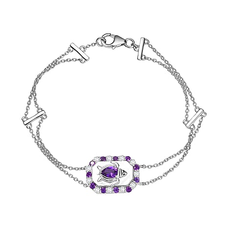 GP Italian Garden Collection - African Amethyst, Blue Sapphire &  White Zircon Adjustable Chain Turtle Motif Bracelet (Size 8) with Lobster Clasp in Rhodium Overlay Sterling Silver 1.23 Ct.