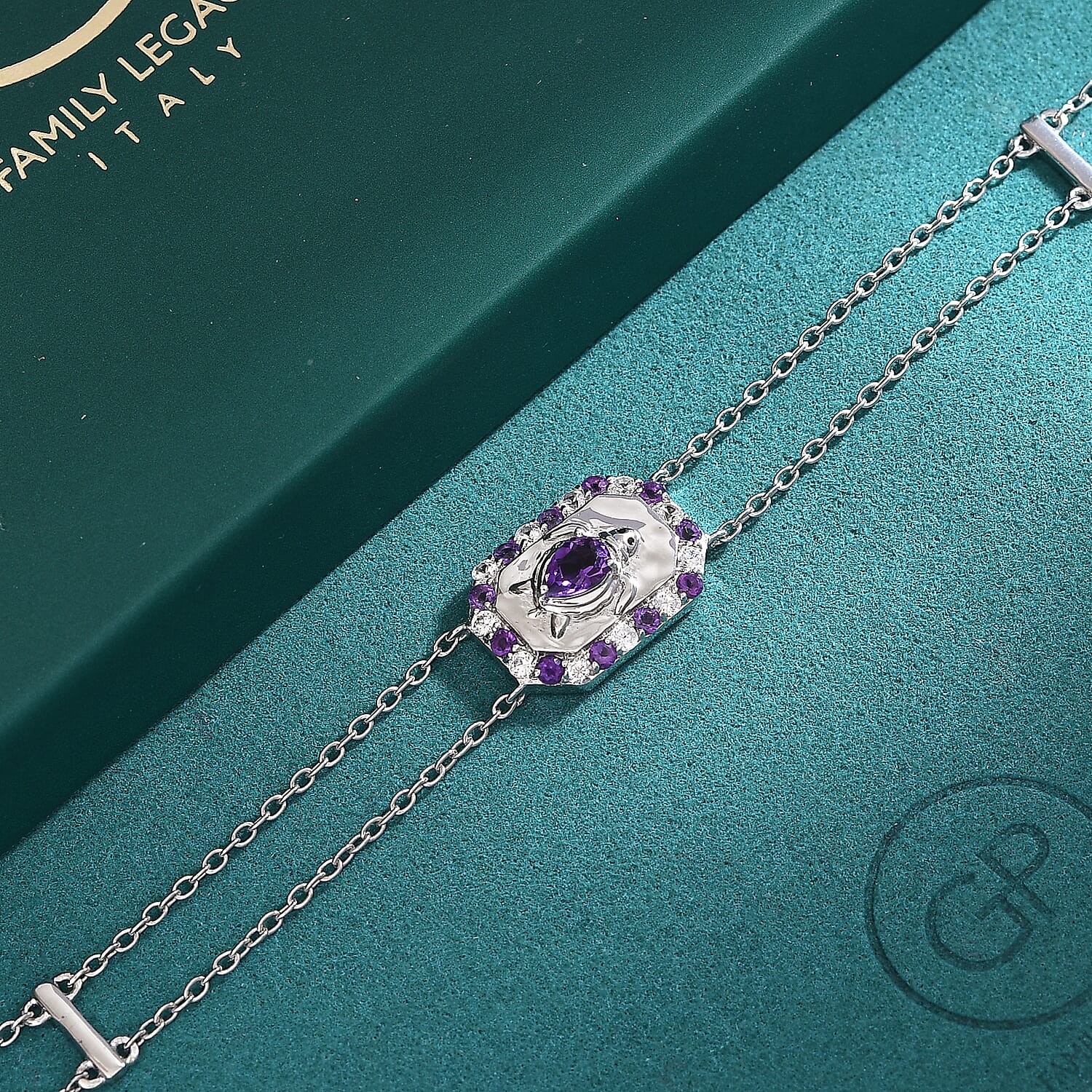 GP Italian Garden Collection - African Amethyst, Blue Sapphire &  White Zircon Adjustable Chain Turtle Motif Bracelet (Size 8) with Lobster Clasp in Rhodium Overlay Sterling Silver 1.23 Ct.