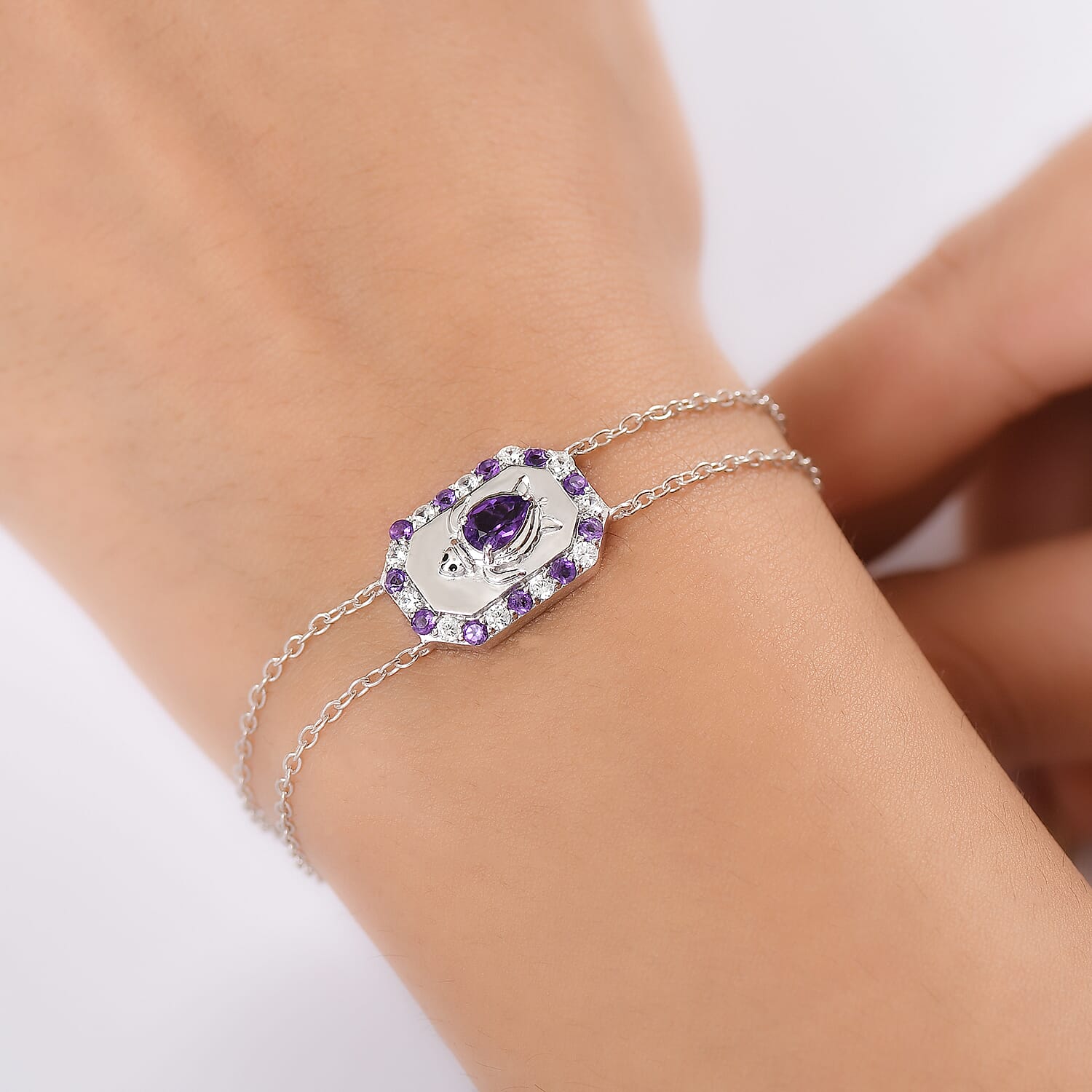 GP Italian Garden Collection - African Amethyst, Blue Sapphire &  White Zircon Adjustable Chain Turtle Motif Bracelet (Size 8) with Lobster Clasp in Rhodium Overlay Sterling Silver 1.23 Ct.