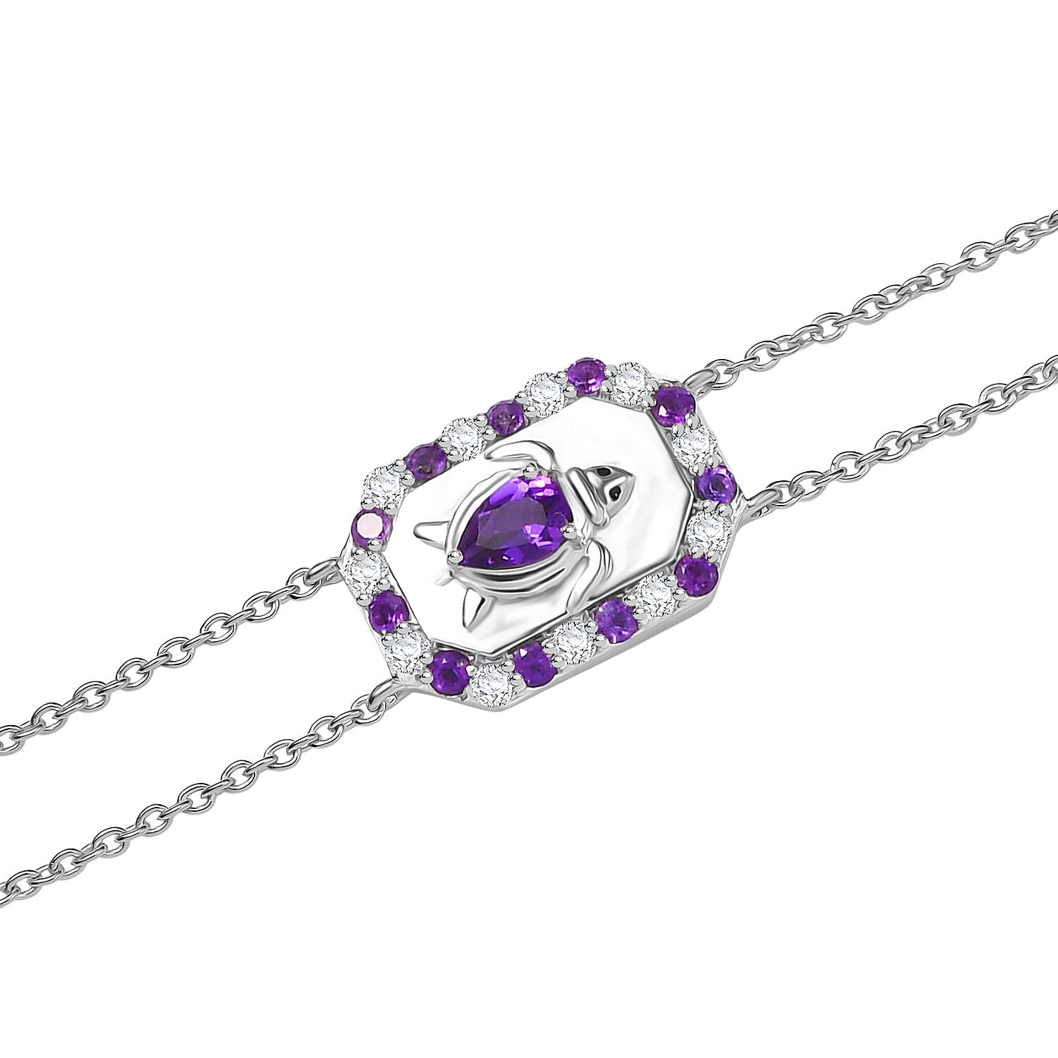 GP Italian Garden Collection - African Amethyst, Blue Sapphire &  White Zircon Adjustable Chain Turtle Motif Bracelet (Size 8) with Lobster Clasp in Rhodium Overlay Sterling Silver 1.23 Ct.