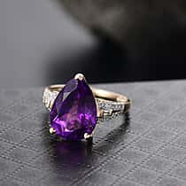 LUXURIANT 9K Yellow Gold AAA Natural Moroccan Amethyst, Lab Grown Diamond Regal Bloom Ring 5.86 Ct. (SI-G-H)