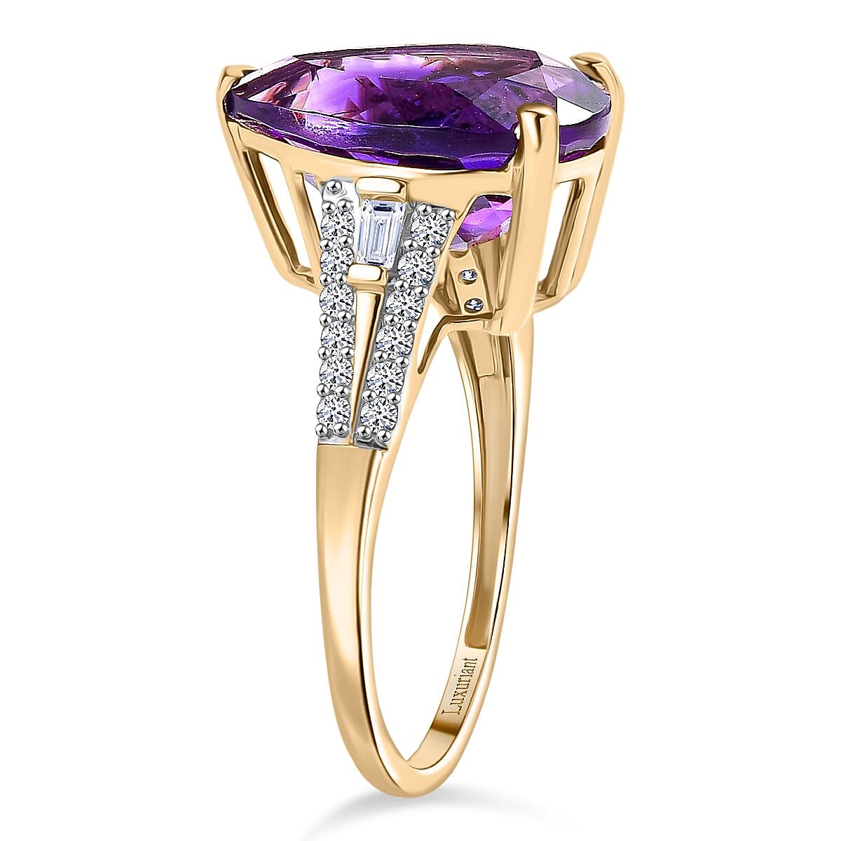 - 9K Yellow Gold AAA Natural Moroccan Amethyst & Lab Grown Diamond (SI-G-H) Regal Bloom Ring 5.86 Ct.
