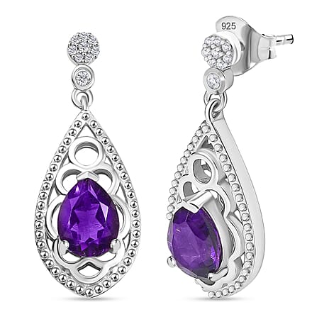Natural Moroccan Amethyst & White Zircon Lace Garden Stud Push Post Earring in Rhodium Overlay Sterling Silver 2.23 Ct.