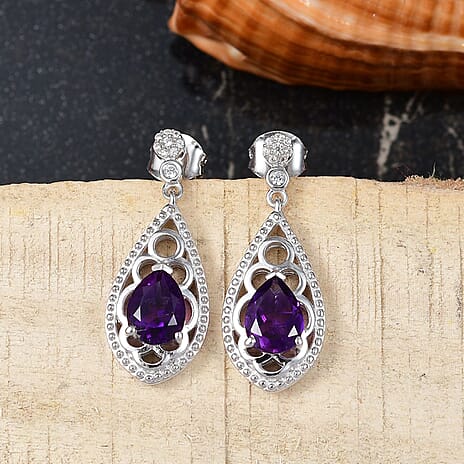 Natural Moroccan Amethyst & White Zircon Lace Garden Stud Push Post Earring in Rhodium Overlay Sterling Silver 2.23 Ct.