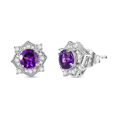 Natural Moroccan Amethyst & White Zircon Floral Majesty Solitaire Stud Push Post Earring in Rhodium OverlaySterling Silver 2.18 Ct.