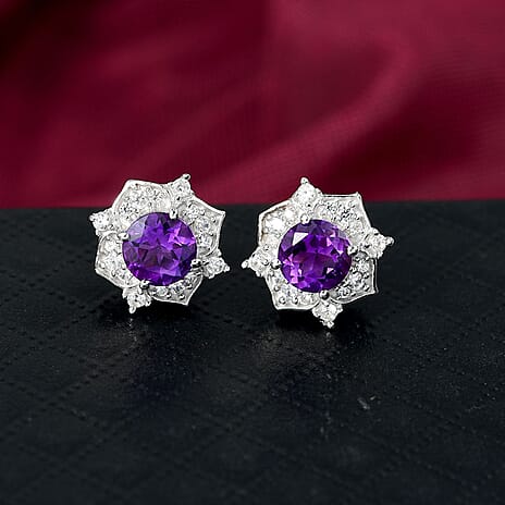 Natural Moroccan Amethyst & White Zircon Floral Majesty Solitaire Stud Push Post Earring in Rhodium OverlaySterling Silver 2.18 Ct.