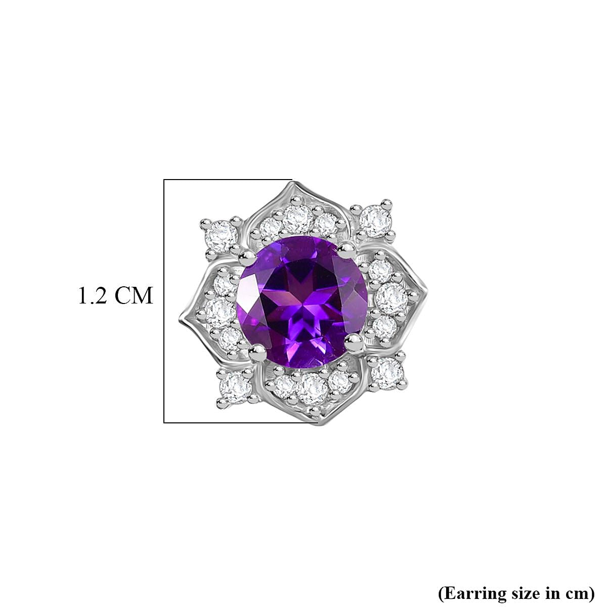 Natural Moroccan Amethyst & White Zircon Floral Majesty Solitaire Stud Push Post Earring in Rhodium OverlaySterling Silver 2.18 Ct. Natural Moroccan Amethyst & White Zircon Floral Majesty Solitaire Stud Push Post Earring in Rhodium OverlaySterling Silver 2.18 Ct.