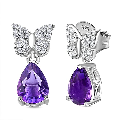 Natural Moroccan Amethyst & White Zircon Blooming Butterfly Stud Push Post Earring in Rhodium Overlay Sterling Silver 2.43 Ct.