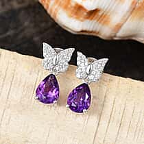 Natural Moroccan Amethyst & White Zircon Blooming Butterfly Stud Push Post Earring in Rhodium Overlay Sterling Silver 2.43 Ct.